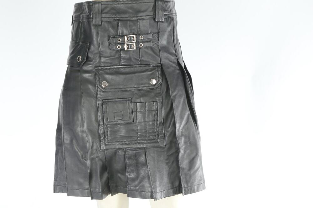 Vintage Black Genuine Leather Utility Cargo Pleated Buckle Mini Kilt Skirt M